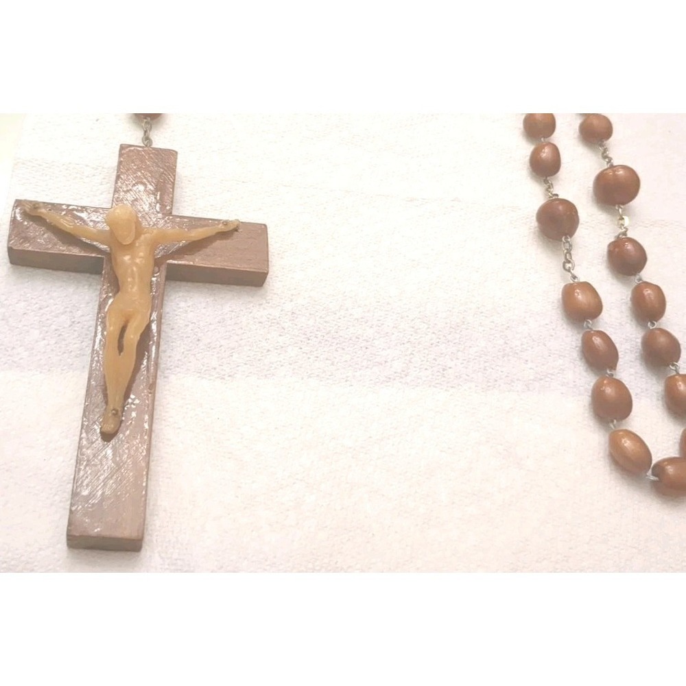 Antique Vintage Wood Rosary Resin Or Plastic Christ, Brown Beads Probably Acorns